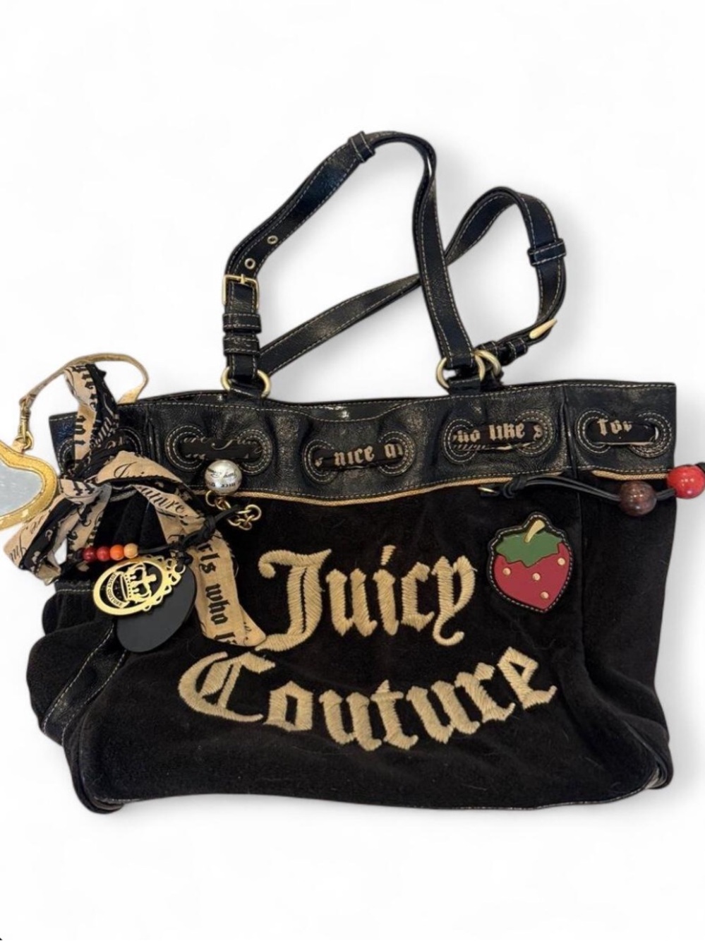 Vintage Juicy Couture Black and Cream Logo Shoulder Bag with Charm Accents